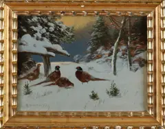 Otto Scheurer, Fazanten in besneeuwd landschap, Olieverf op paneel