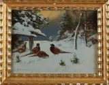 Otto Scheurer, Fazanten in besneeuwd landschap, Olieverf op paneel
