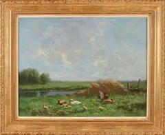Constant Arzt, Eendenfamilie aan de waterkant, Olieverf op linnen
