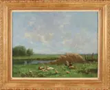 Constant Arzt, Eendenfamilie aan de waterkant, Olieverf op linnen
