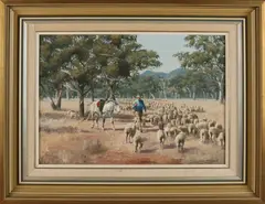 James Holmyard, Australisch landschap met schapen, Olieverf op paneel