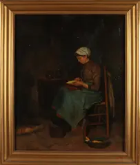 Eduard Schalbroeck, Boerenvrouw in interieur, Olieverf op linnen