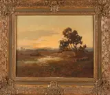 Jan Simon  Knikker, Veenlandschap met ondergaande zon, Olieverf op linnen