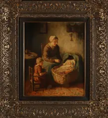 Andries van de Berg, Larens interieur, moeder met kinderen, Olieverf op linnen