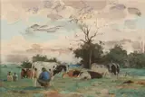 Adriaan Groenewegen, Melktijd met boer en koeien, Aquarel op papier
