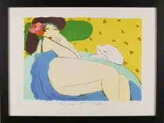 Walasse Ting '85, Vrouw met rokje en kat, Lithografie op papier