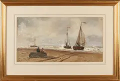 Thomas Bush Hardy, Strand van Scheveningen met vissersvolk en bomschuiten, Gouache op papier