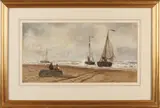 Thomas Bush Hardy, Strand van Scheveningen met vissersvolk en bomschuiten