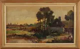 K. Borgbrüm, Huis in landschap, Olieverf op linnen