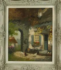 C. de Korte, Binnenhof met kippen, Olieverf op linnen
