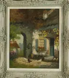 C. de Korte, Binnenhof met kippen, Olieverf op linnen