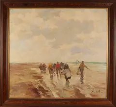 Bruno Jüttner, Vissersvolk op strand, Olieverf op linnen