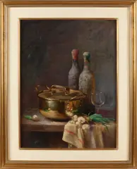 A. Dugelay, Stilleven met uien, wijn, koper., Olieverf op linnen