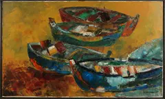 Gerard van Kerkhof, Bootjes op het strand, 1964, Olieverf op linnen