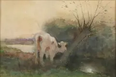 H.A. van Ingen, Koe bij knotwilg aan slootkant, Aquarel op papier