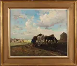 Henk van Leeuwen van Oudewater, Landschap met ploegende boer, Olieverf op linnen