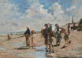 L. v.d. Poll, Strandgezicht met vissersvolk, Olieverf op paneel
