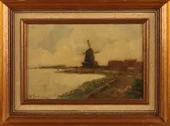 H. Gunneweg?, Hollands landschap met windmolen, Olieverf op paneel
