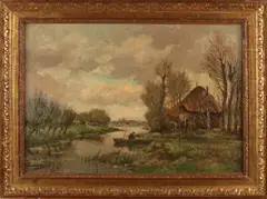 Snijder? Circa, Poldergezicht met visser en visnetten, Olieverf op linnen