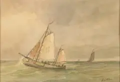 G.L. Kiers, Katwijkse platbodem op volle zee, Gemengde techniek op papier