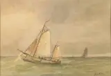 G.L. Kiers, Katwijkse platbodem op volle zee, Gemengde techniek op papier