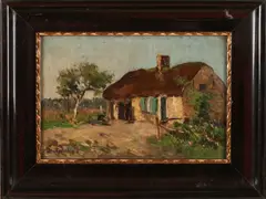 Louis Stutterheim, Boeren huisje met strodak, Olieverf op paneel