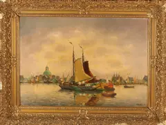G. de Bruin, Hollands havengezicht met platbodems, Olieverf op linnen
