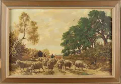Wim Nefkens, Schaapskudde met herder, Olieverf op linnen