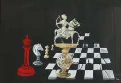 Aad van den Bosch, Schaakvoorstelling, Gouache op papier
