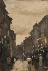Leo Grijseels, Haags stadsgezicht met figuren, Olieverf op paneel