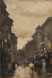 Leo Grijseels, Haags stadsgezicht met figuren, Olieverf op paneel