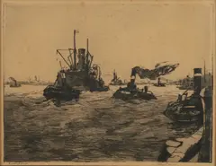 Jan Sirks, Havengezicht met stoomboten Rotterdam, Ets op papier
