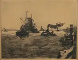 Jan Sirks, Havengezicht met stoomboten Rotterdam, Ets op papier