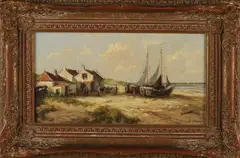 J. van Delden, Strandgezicht met vissersvolk en bomschuiten, Olieverf op linnen