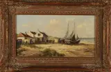 J. van Delden, Strandgezicht met vissersvolk en bomschuiten, Olieverf op linnen