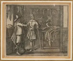 Jacob Cats, Leerlooi bedrijf met drie figuren, 17e - 18e Eeuwse gravure