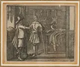 Jacob Cats, Leerlooi bedrijf met drie figuren, 17e - 18e Eeuwse gravure