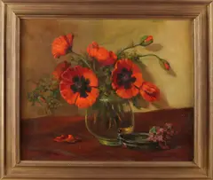 H. van Langen, Glazen vaas met bloemen, Olieverf op linnen