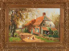 W. Verhave, Zonnige boerderij met kippen, Olieverf op linnen