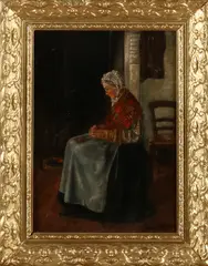 Eugene Kriel?, Handwerkende vrouw in interieur, Olieverf op paneel