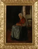 Eugene Kriel?, Handwerkende vrouw in interieur, Olieverf op paneel
