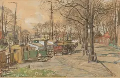L. Landré, Dorpsgezicht met gracht en woonboten, Gemengde techniek op papier
