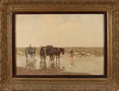 H. Bogman jr., Schelpenvissers op strand, Olieverf op linnen