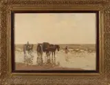 H. Bogman jr., Schelpenvissers op strand, Olieverf op linnen