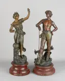 1900 by 2x Antieke Franse figuren, Vrouw mist iets in de hand, sold Jan 2020