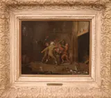Gevecht in taveerne na kaartspel by Onduidelijk gesigneerd, 17e eeuw, Hollandse School, Olieverf op paneel, sold Oct 2019