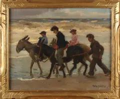 Willy Sluiter '40, Strandgezicht met ezelrit, Olieverf op linnen