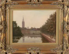 Jacob E. Paans, Hollandse gracht met figuren, Olieverf op paneel
