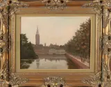 Jacob E. Paans, Hollandse gracht met figuren, Olieverf op paneel