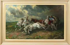 W. v.d. Burgh, Russisch paardengespan in volle draf, Olieverf op linnen